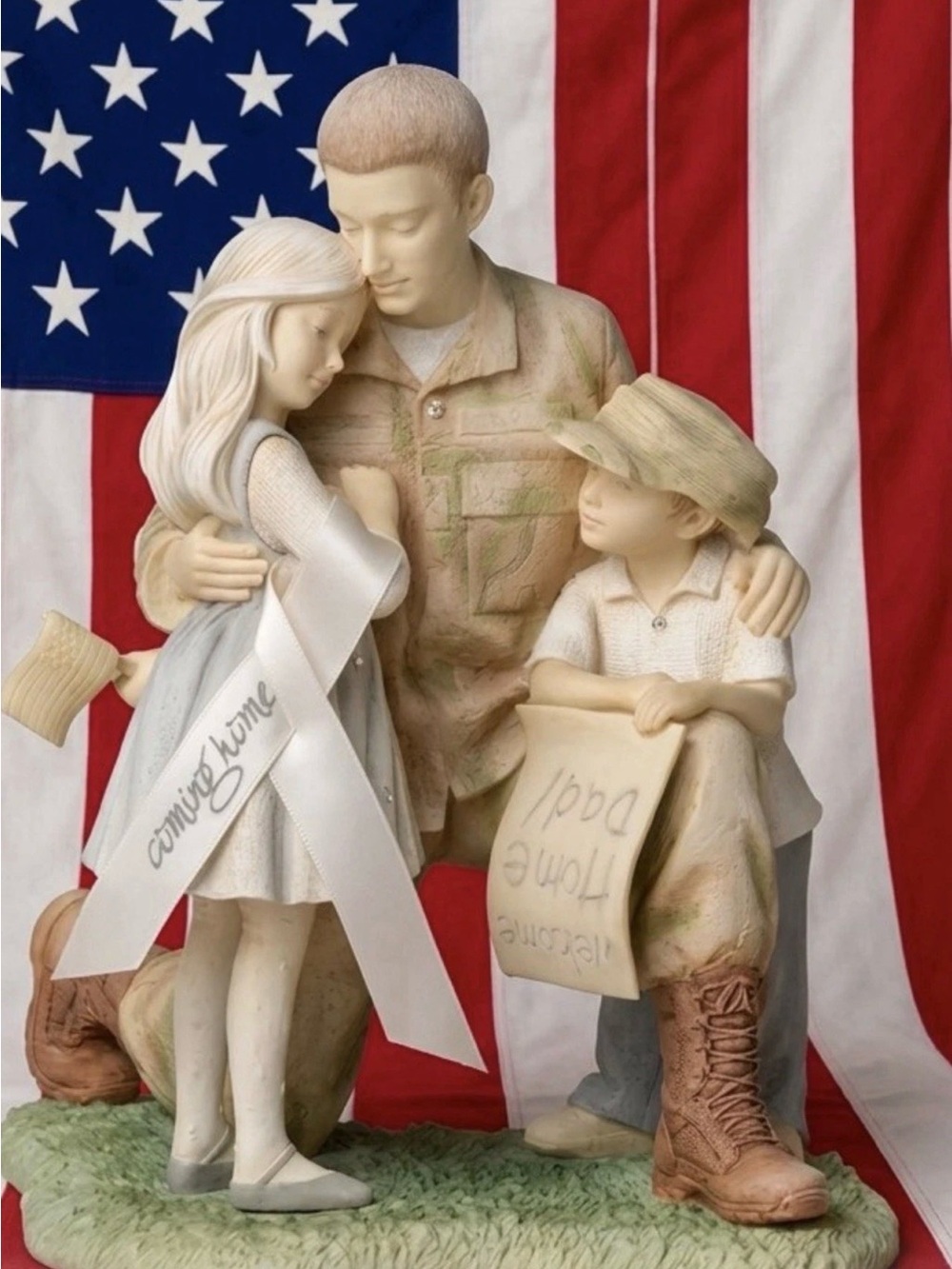 Soldier coming home to family figurine